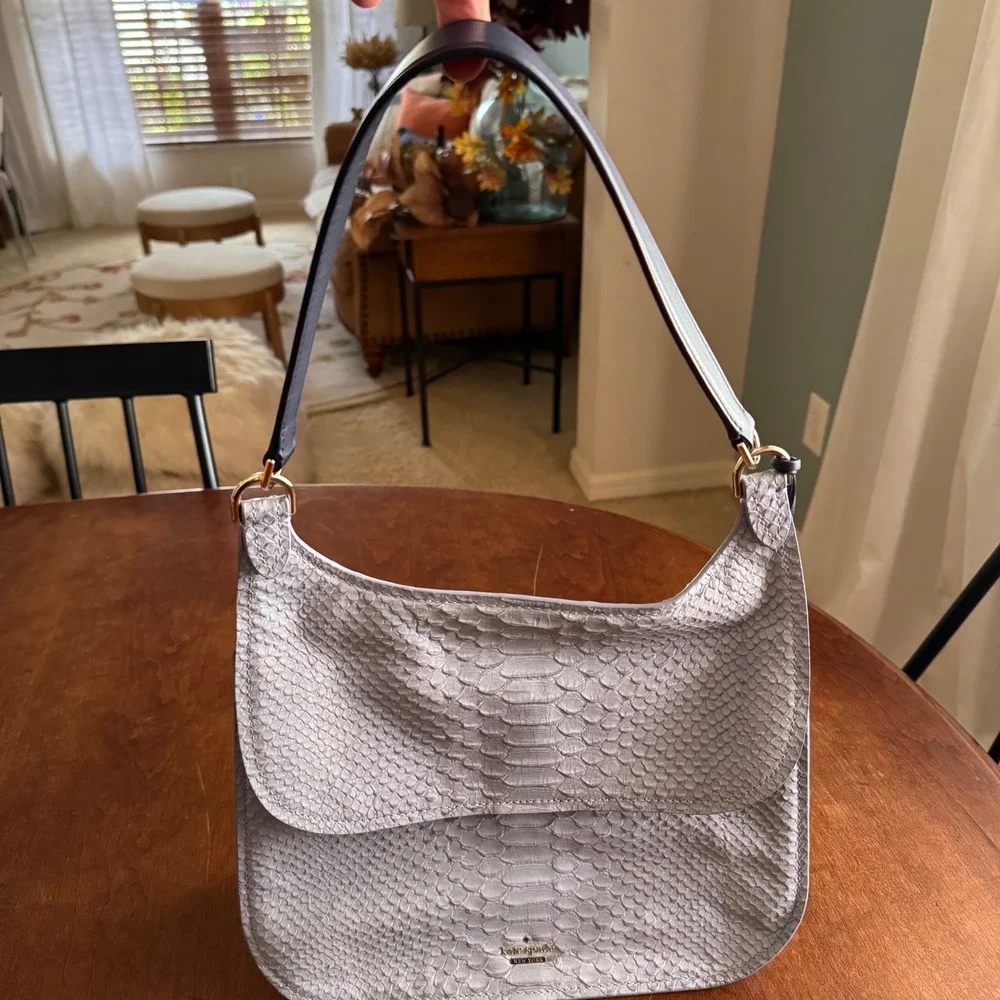 Kate Spade New York Gray Snakeskin Embossed Leather Flap‎ Hobo Shoulder Bag